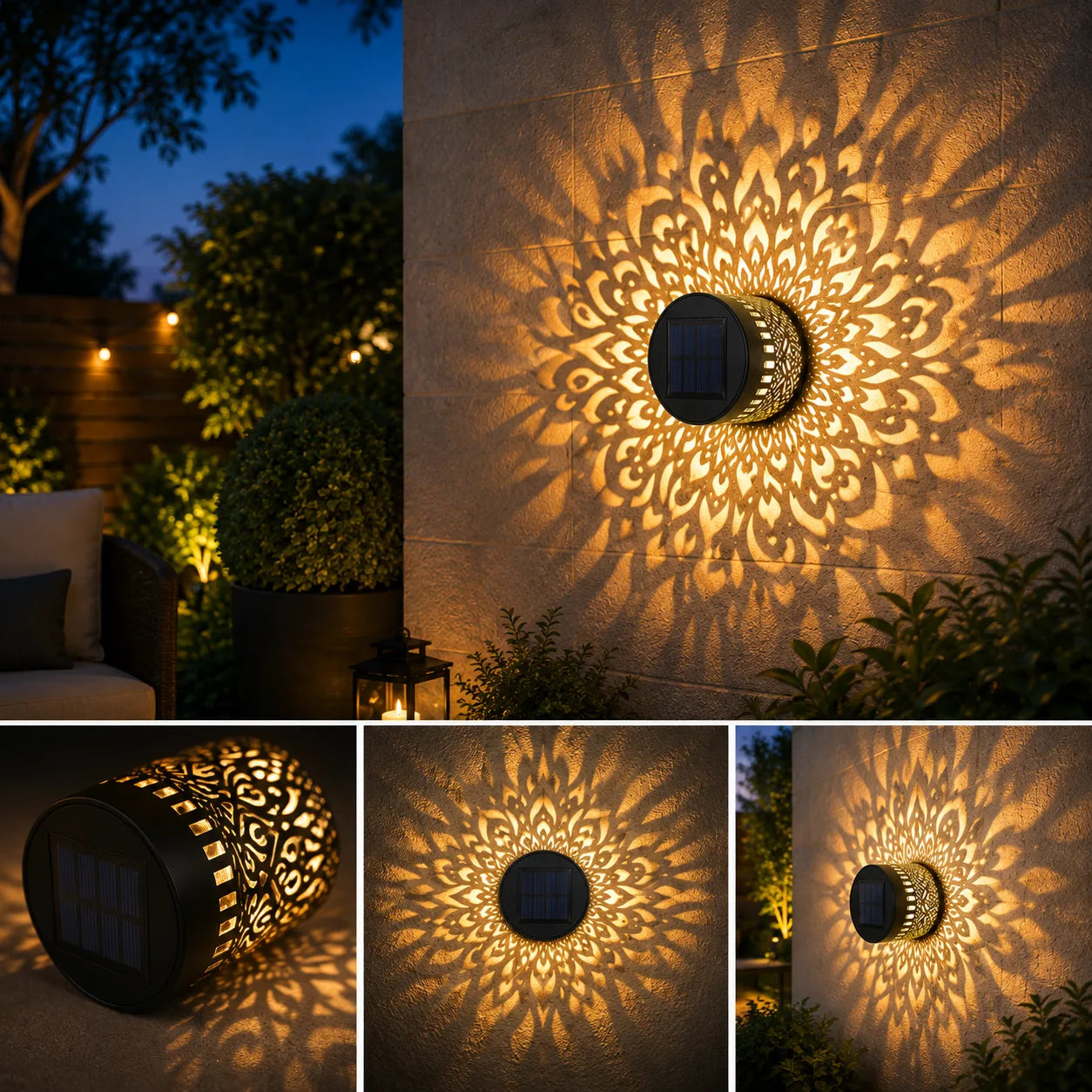 Solar mandala light projecting a decorative pattern on an outdoor wall