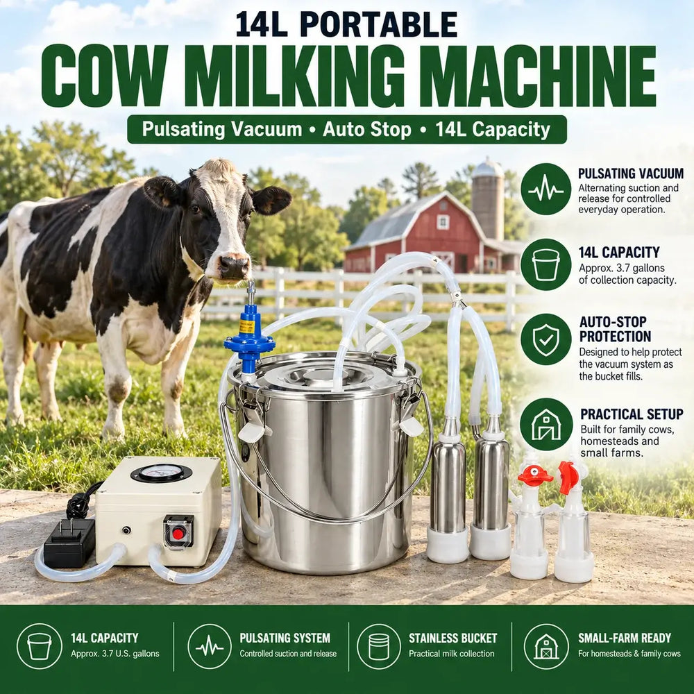 14L Portable Cow Milking Machine with Pulsation & Auto Stop