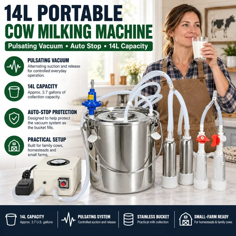 14L Portable Cow Milking Machine with Pulsation & Auto Stop