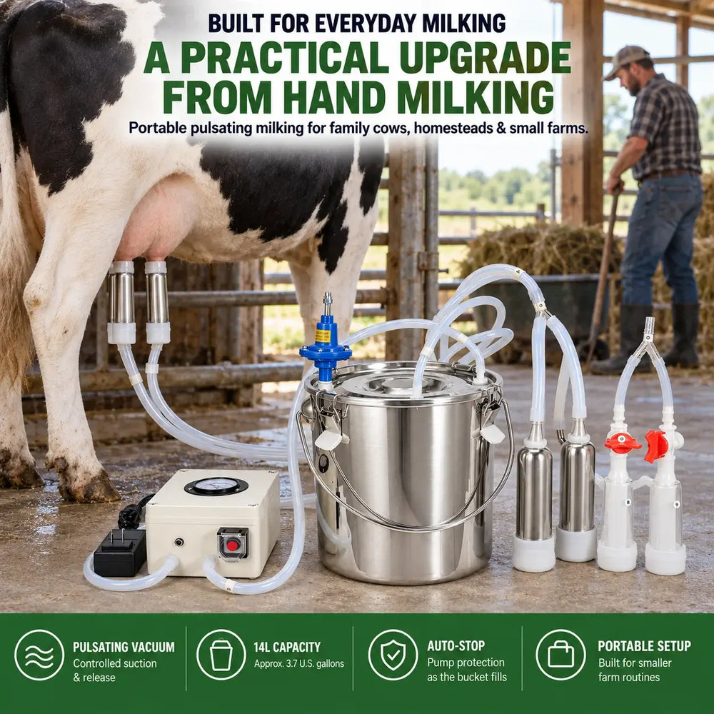 14L Portable Cow Milking Machine with Pulsation & Auto Stop