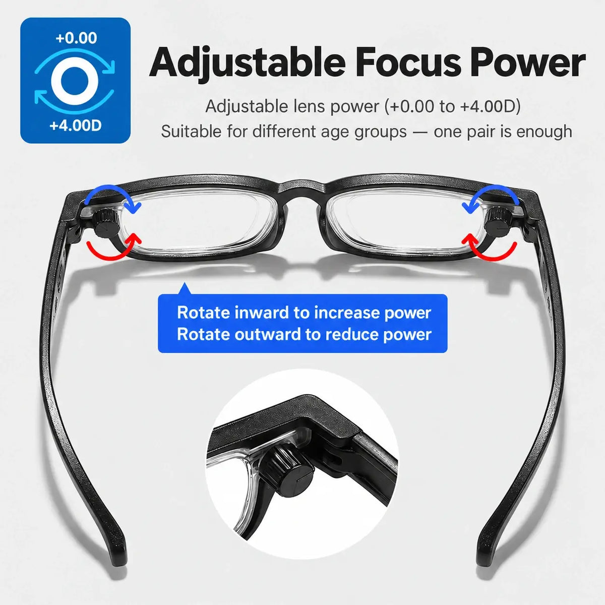 Adjustable Focus Glasses – Dual Dial Reading Glasses, Black