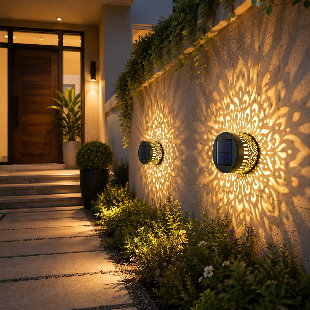 Solar mandala wall light displayed outdoors