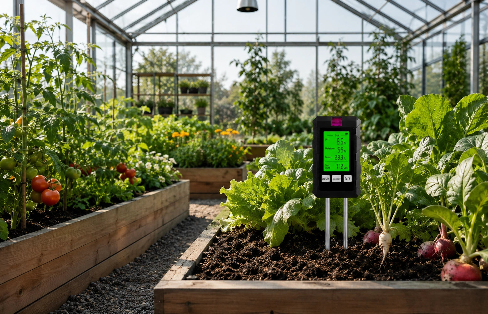 Digital soil tester being used beside healthy plants