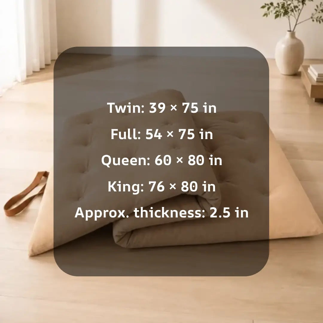 Japanese foldable floor mattress for adults with Twin, Full, Queen and King size dimensions and 2.5 inch thickness