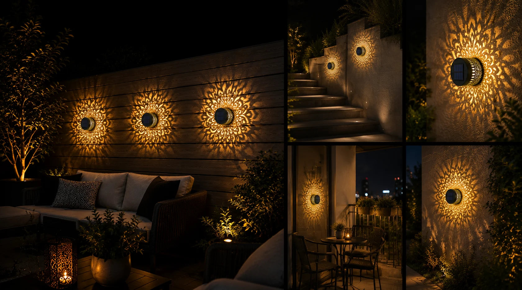 Decorative solar mandala wall light glowing on an outdoor wall at night