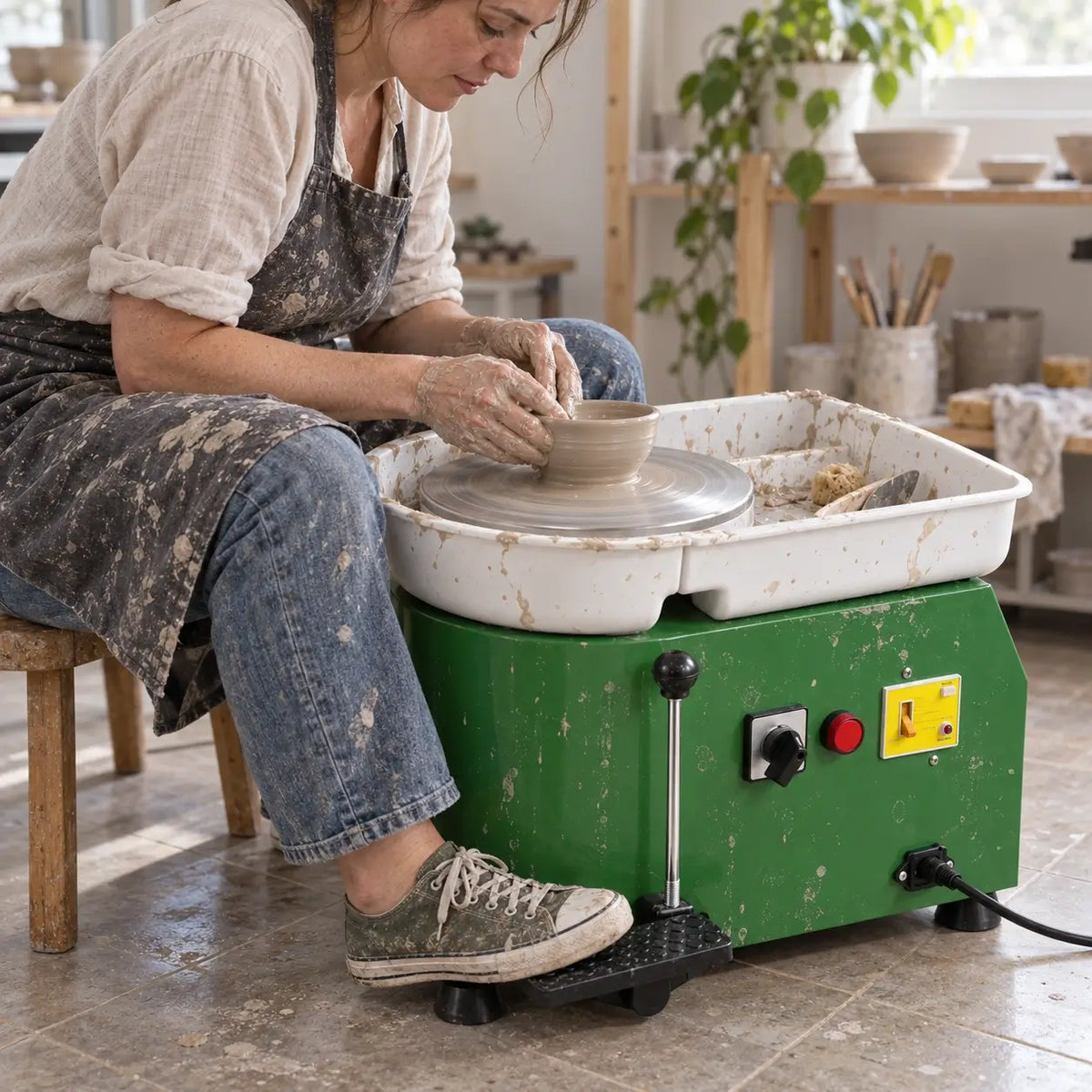 The pottery wheel that turns a spare corner into a studio.